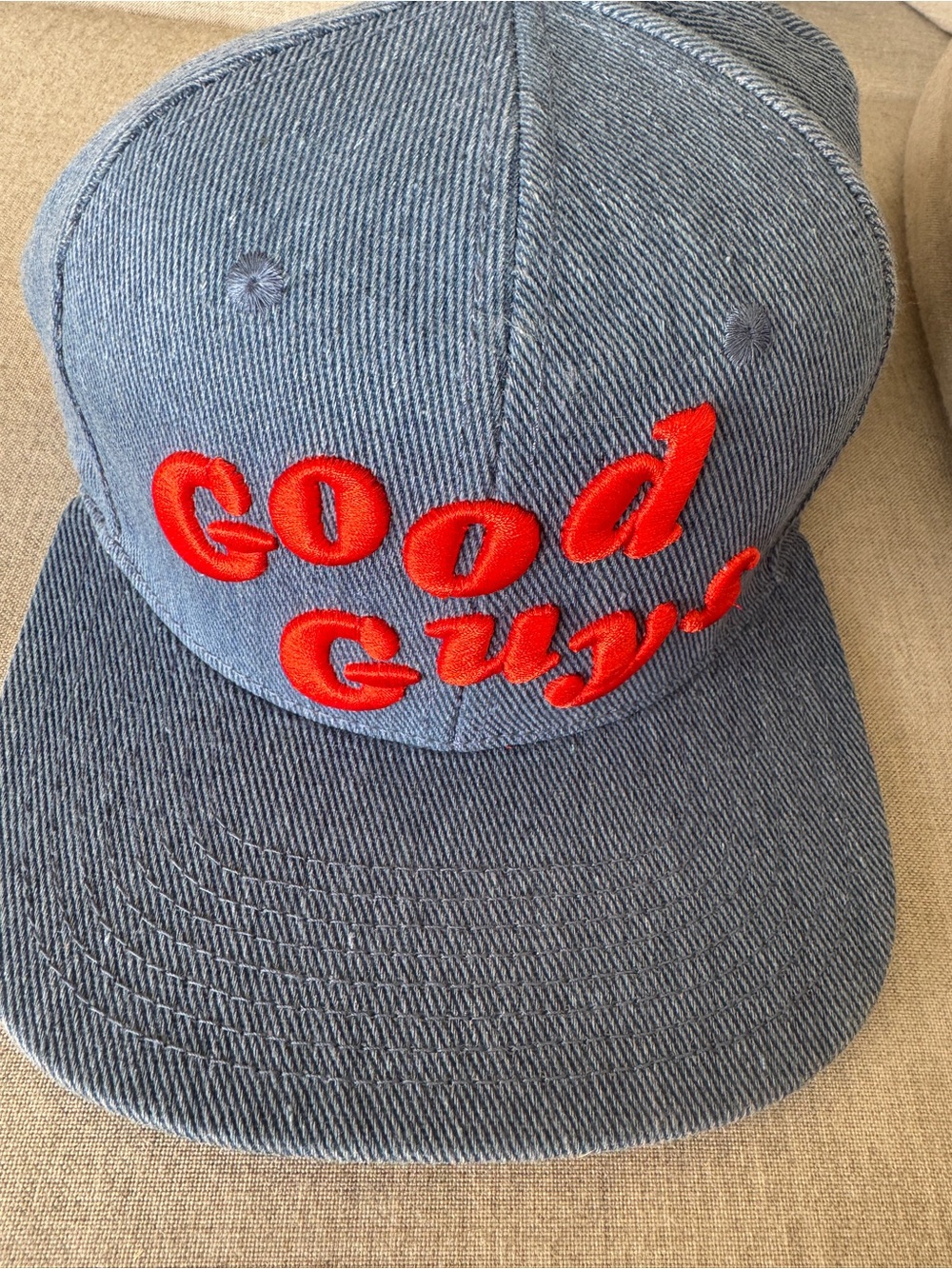Good Guys Embroidered Denim Baseball Cap - Blue with Red Accent